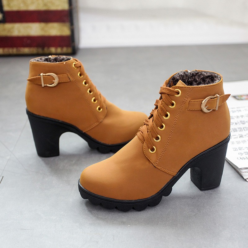 Women's High Heel tan color Fashion High Heel Round toe Lace up Ankle Buckle boot