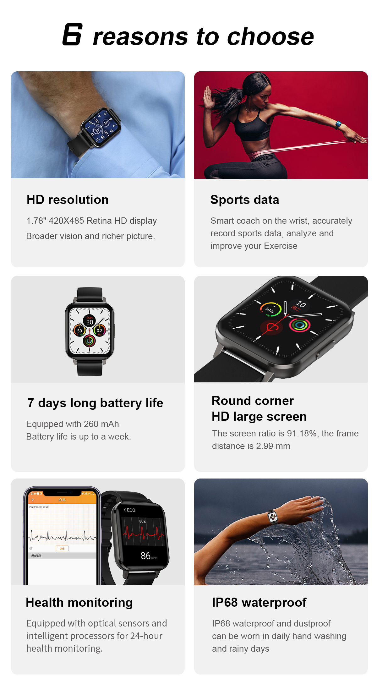 Reasons to chose this Smart watch that will track Exercise pedometer, calories, distance, exercise mode (walking, running, hiking, badminton, basketball) HD resolution, Sports data, 7 day battery life, round corner large screen, Health monitor, waterproof