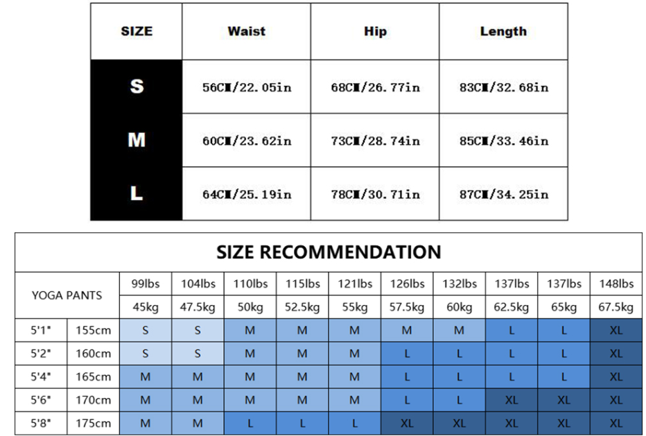 Women's Yoga suit 2 piece suit sizing chart