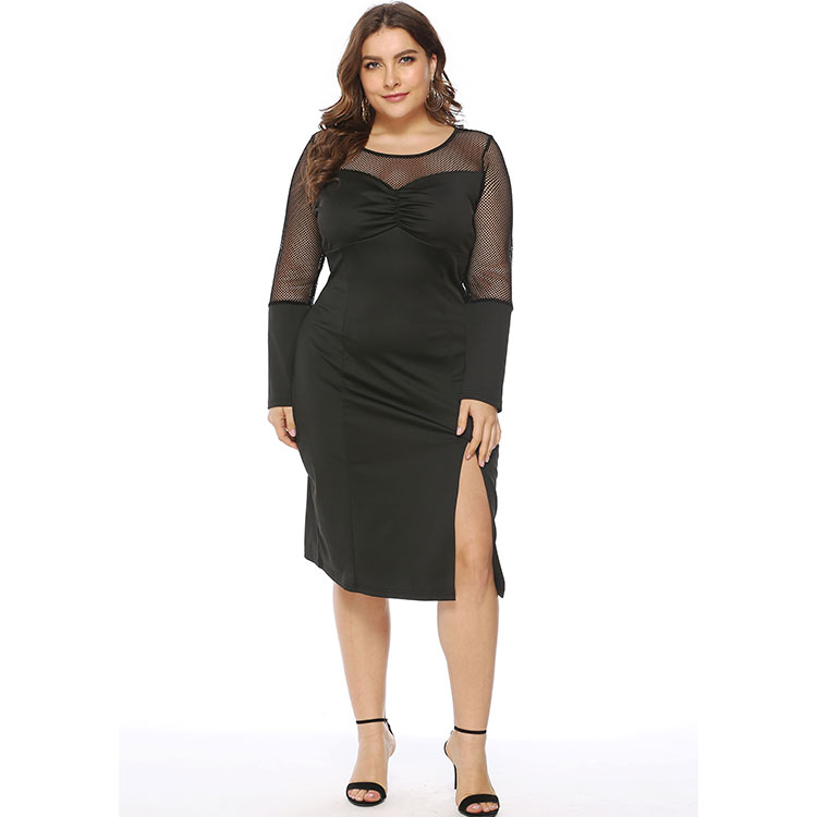 Women Plus Size Winter Knee Length Sexy Skirt Dress Long sleeve mesh