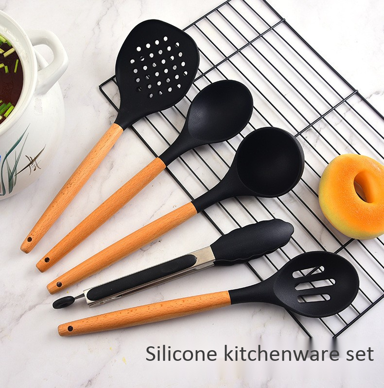 wooden handle silicone kitchenware set household cooking spoon shovel 12 piece set kitchen spatula soup spoon