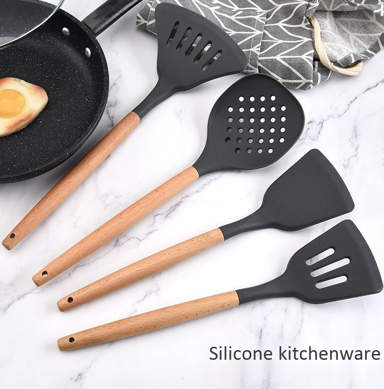 wooden handle silicone kitchenware 11 piece non-stick spatula set kitchen cooking shovel spoon household soup spoon