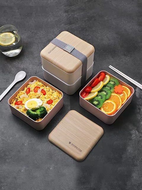 Portable simple wood grain lunch box double-layer heatable lunch box (with spoon and chopsticks, without bag)
