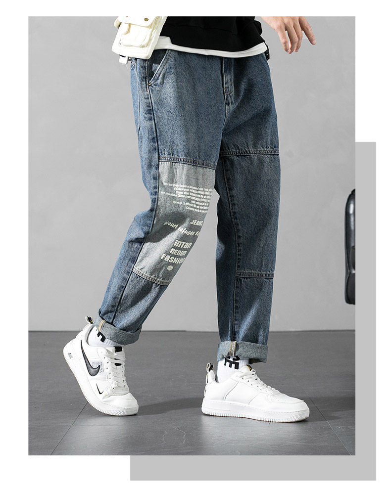 Men's pants with fashionable patchwork on leg