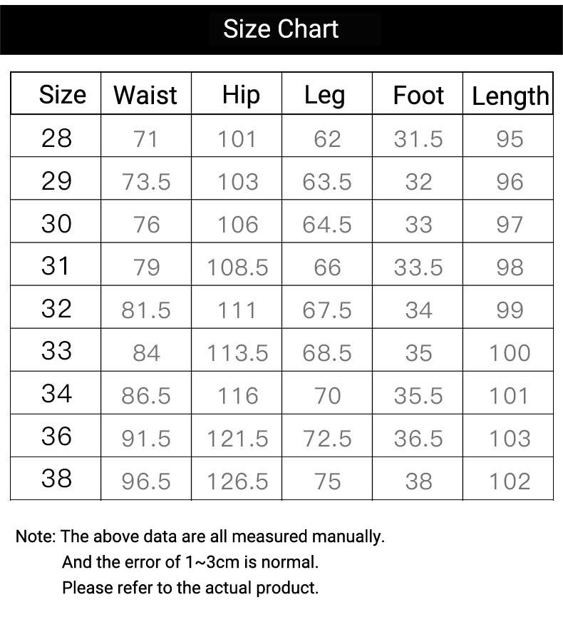 Size chart for men's denim jeans