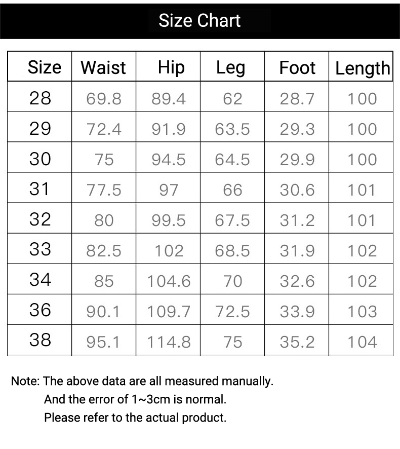 Men's slim jeans size chart